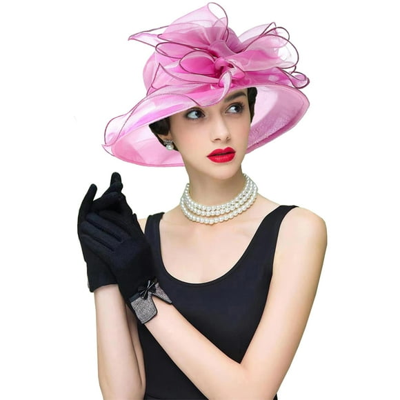 RZTA Sombrero de vestir de iglesia Kentucky Derby para mujer, ala ancha, flor de hoja, sombrero de despedida de soltera