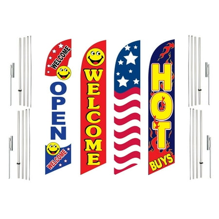 4 Swooper Flags With 4 Pole Kits Open Welcome USA Hot Buys Fetaher