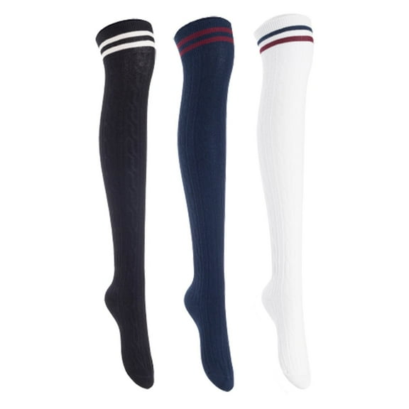 Lian Lifestyle Women's 3 Pairs Incredible Durable Super Soft Unique Over Knee High Thigh High Cotton Socks, Size US 6-9, JMYP1023 Black,Navy,White