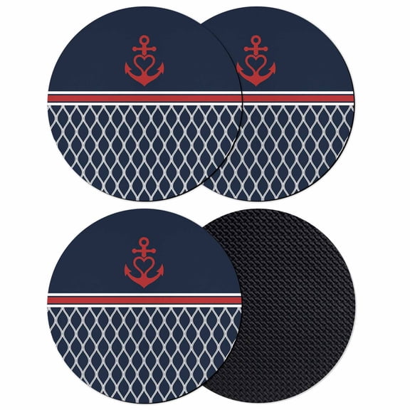 Navy Blue Morocco Coasters Set of 4, Absorbent Coasters for Drinks, Red Ocean Nautical Anchor Stripe Coaster for Desk Coffee Table Protection, Home Decor House Warming Gifts 4"