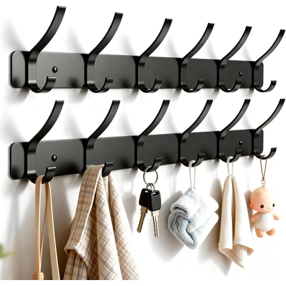 2-Pack Wall Mounted Coat Rack with 6 Hooks, Rustproof Aluminum Heavy Duty Coat Hooks for Wall, Space-Saving Organizer for Coats, Hats, Towels, Entryway and Bathroom, Black