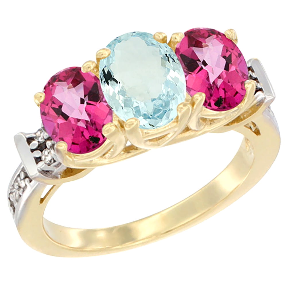 14K Yellow Gold Natural Aquamarine & Pink Topaz Sides Ring 3-Stone Oval Diamond Accent, sizes 5 10 by WorldJewels