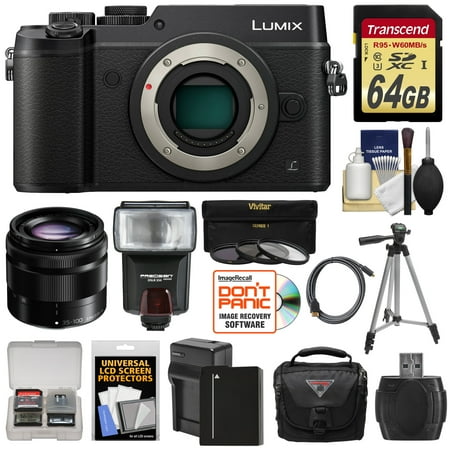 Panasonic Lumix DMC-GX8 4K Wi-Fi Digital Camera Body (Black) with 35-100mm OIS Lens + 64GB Card + Battery + Charger + Case + Flash + Tripod + Kit