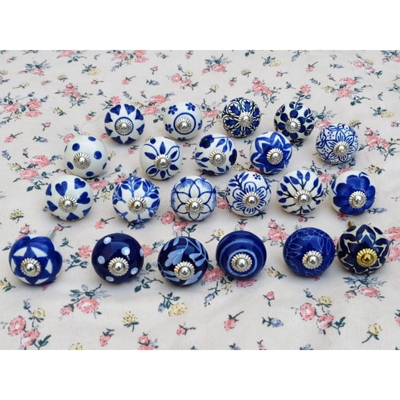 SSLHP Cabinet Knobs Assorted Blue and White Ceramic Round Drawer Knob Set of 10