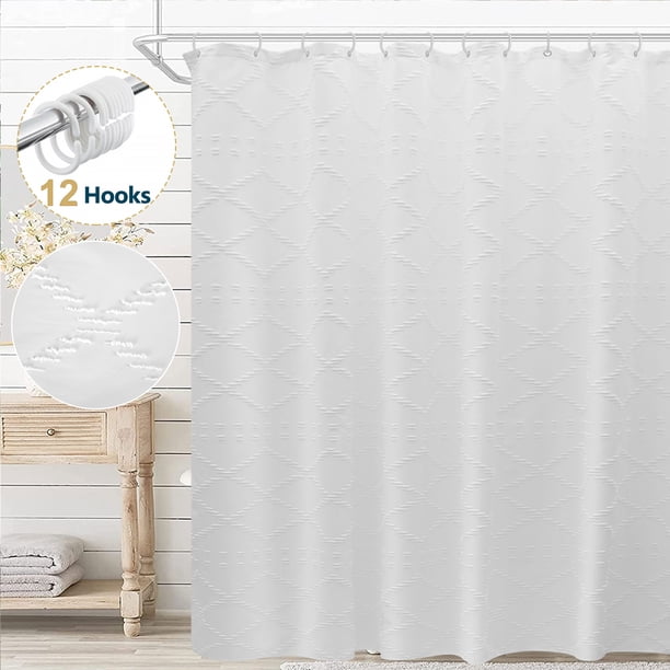 Cortina de Ducha Boho Dznils, Tela Texturizada Moderna con 12 Ganchos, Blanca, 72" x 72"