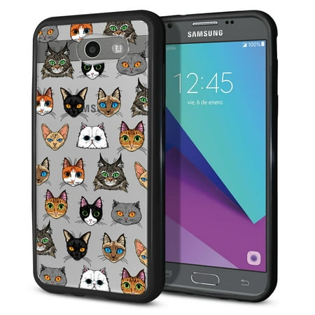 FINCIBO Slim TPU Bumper + Clear Hard Back Cover for Samsung Galaxy J3 Emerge J327, Cat Faces