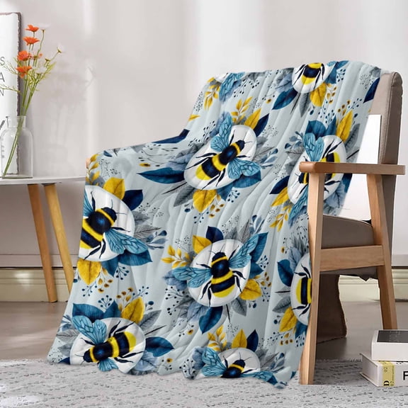 Fleece Blanket Pastoral Bee Gradient Leaves Blankets, Soft Cozy Warm Flannel Throw Blanket, Country Wildflower on Blue Blanket for Bed Couch Sofa,30x40In