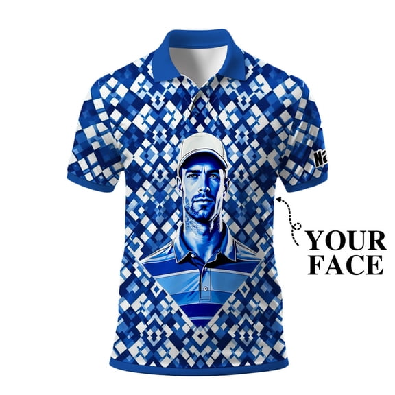 HOMYGIFTS Custom Golf Polo Shirt – Geometric Diamond Pattern with Personalized Face Print – Unique Men’s Golf Apparel
