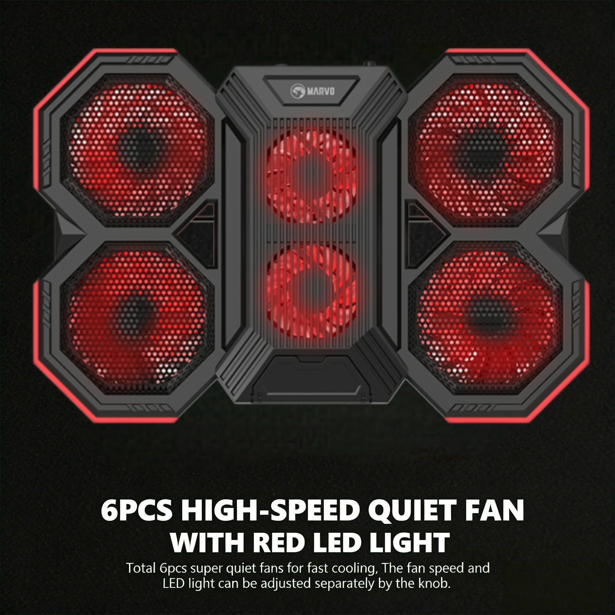 Marvo 6-Fan Laptop Cooling Pad, 6-Speed Fan Settings, 6-Level RGB Lighting, Dual USB Hub, Phone Stand for 9-17.3 Inch Laptops