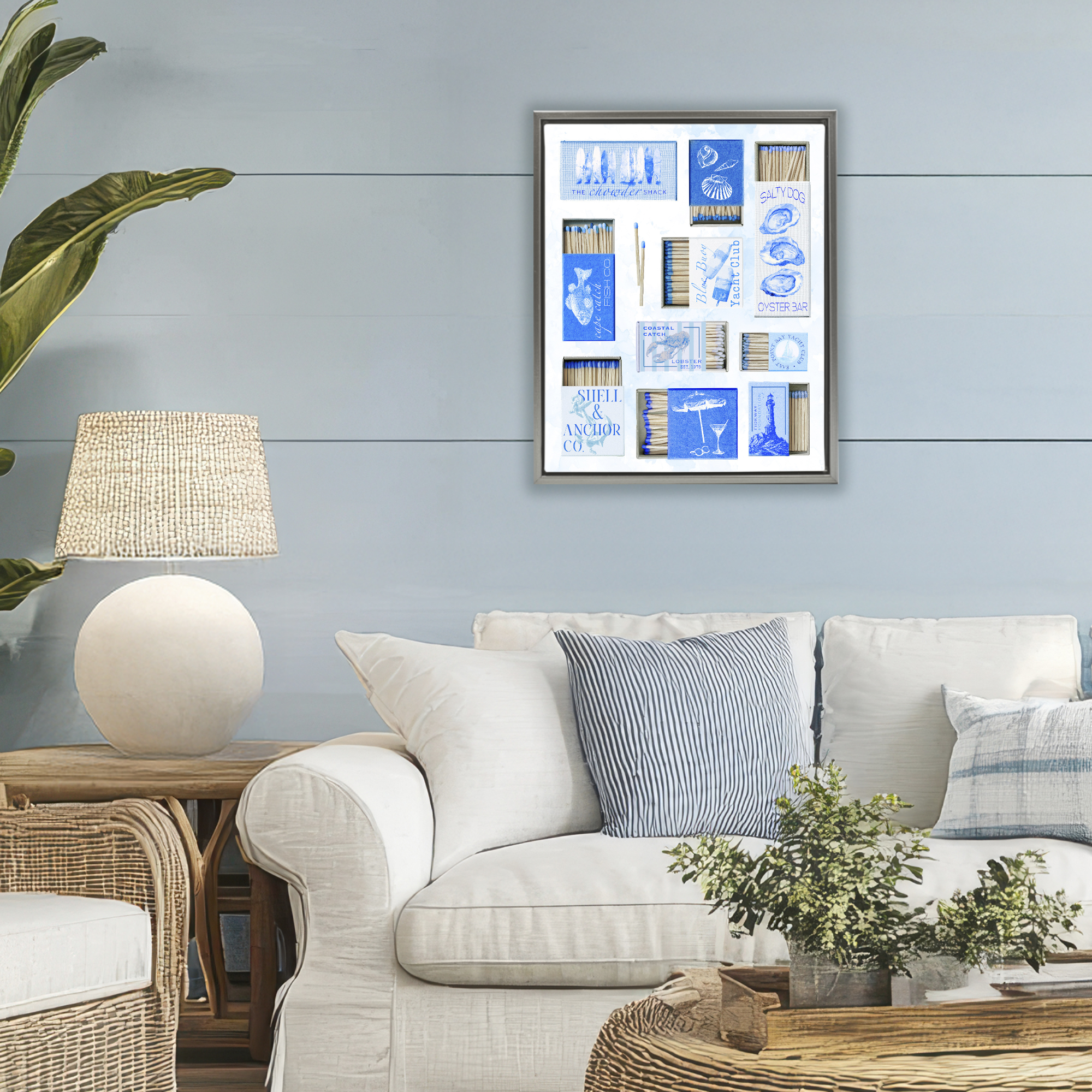 Blue Coastal Matchboxes Gray Framed Floater Canvas Wall Art, design by Ziwei Li