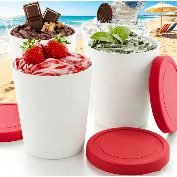Ice Cream Containers with Lids, 4 Pack Red Freezer Storage Tubs, Leakproof Stackable BPA-Free, Reusable Food Containers for Frozen Desserts & Meal Prep