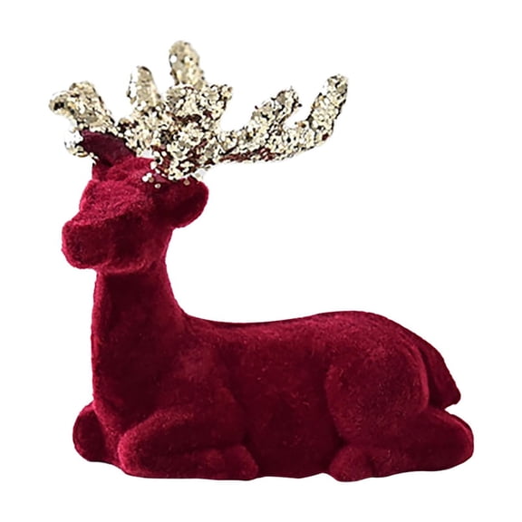 Clearance Under $2 Wine Red Flocking Deer Christmas Decoration - Lying Reindeer, Plush Reindeer Statue for Tree and Home Decor, Single