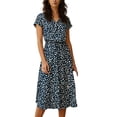 thumbnail image 3 of Fengqque Women Summer Midi Dresses Chiffon Short Sleeve Button V Neck Waist Drawstring Plus Size T Shirt Dress Navy XXL(XXL), 3 of 7
