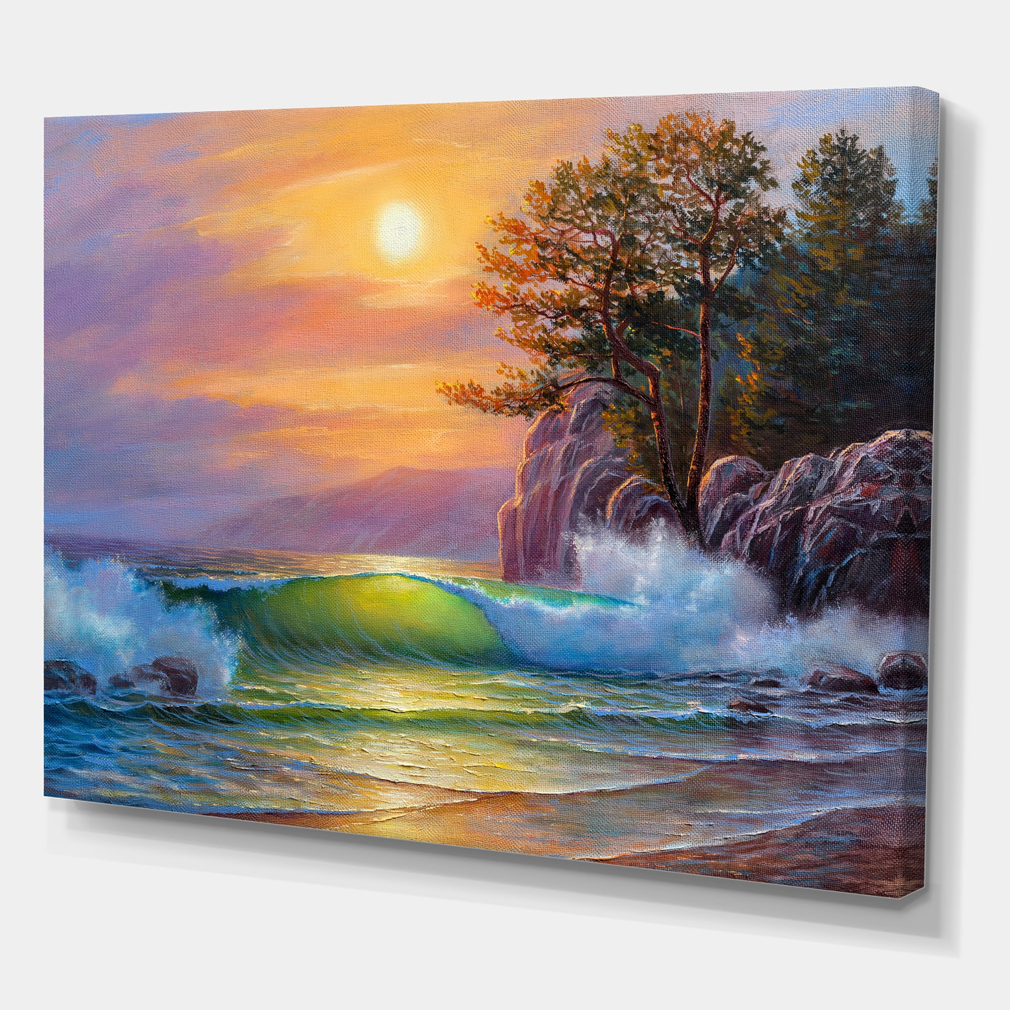 Designart ' Sunrise On Sea Waves By The Pine Trees ' Nautical & Coastal Canvas Wall Art Print