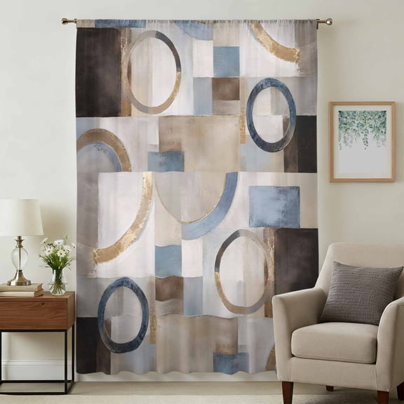 Abstract Blue Brown Sheer Curtains 63 Inches Long, Vintage Geometric Color Blocks Light Filering Curtains, Breathable Simi Curtain Privacy Drapes for Living Room Bedroom Lightweight Window Treatment