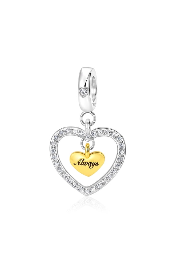 925 Sterling Silver Two-Tone Double Heart Dangle Charm, "Always" Engraved Golden Heart Pendant with Shimmering Cubic Zirconia for Bracelets & Necklaces