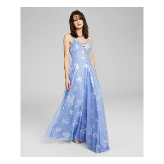 CITY STUDIO Womens Light Blue Glitter Zippered Strappy Detail Lined Floral Sleeveless V Neck Full-Length Prom Gown Dress 5