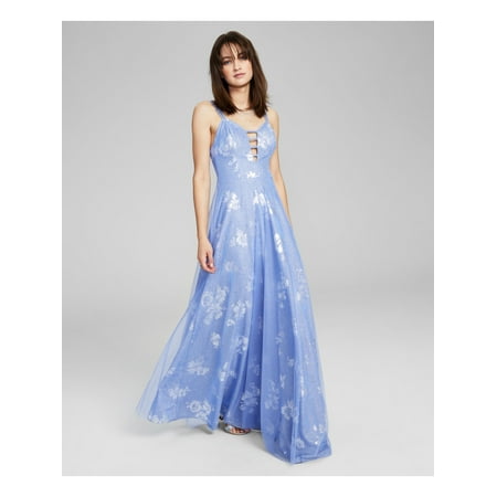 

CITY STUDIO Womens Light Blue Glitter Zippered Strappy Detail Lined Floral Sleeveless V Neck Full-Length Prom Gown Dress Juniors 5