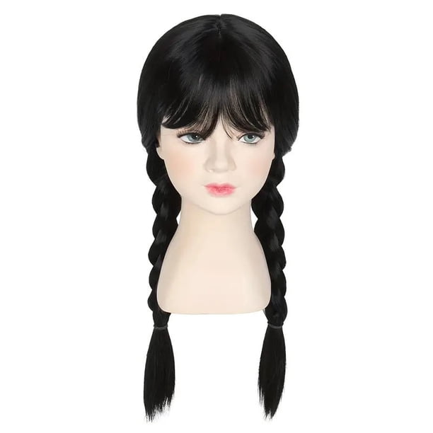 Peluca de cosplay negra trenzada con flequillo, 50 cm, sintético, calor