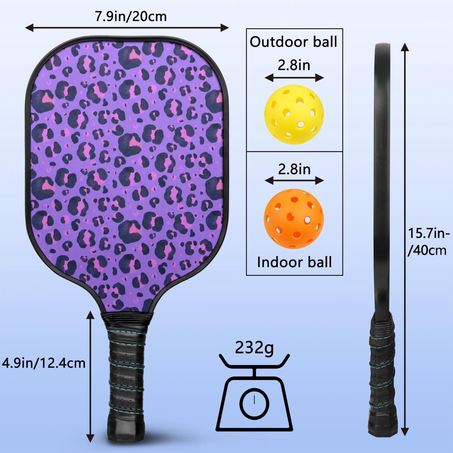 Pickleball Paddles Set Of 1, Fiberglass Surface, Animal, Leopard Print, 1 Paddle, 2 Balls & Bag