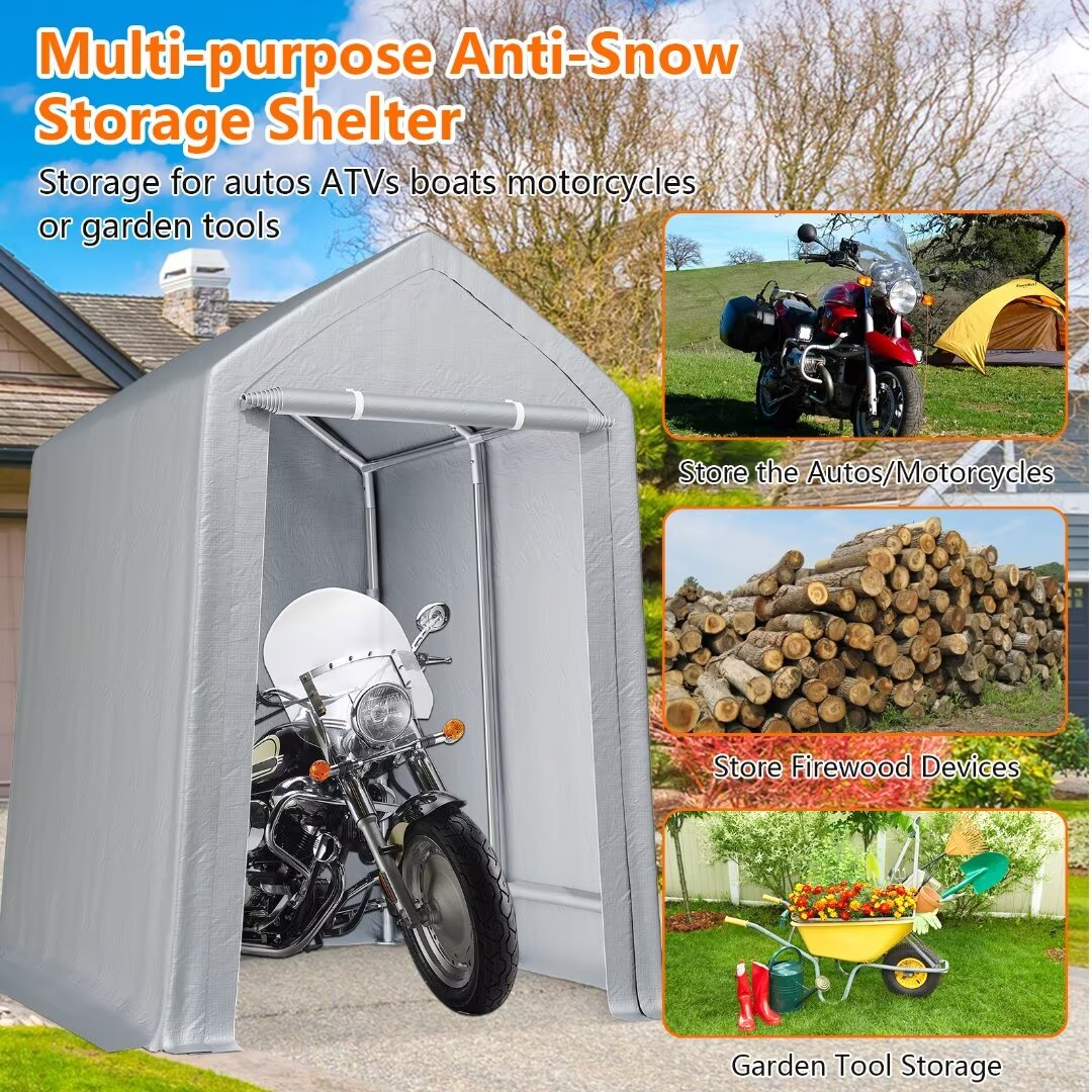 Portable Shed Carport Canopy 6x8 ft Waterproof Heavy Duty All-Season Portable Garage with Roll-up Zipper Door for Motorcycle, Bike, Garden Tools