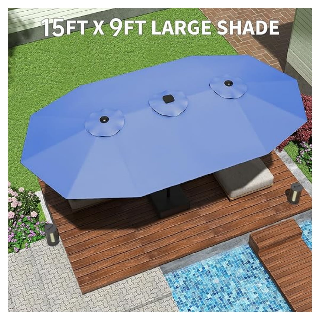 Heavy Duty 15FT Patio Umbrella with Weighted Base - Double-Sided Sun Shade for Outdoor Dining, Poolside, Backyard (Crank Handle, UV Blocking Fits 2-8 People)