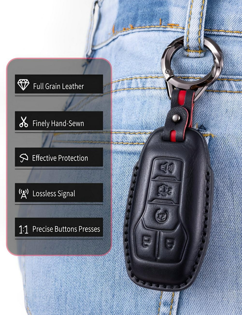 for Ford Key Fob Cover Leather Key Fob Holder 5 Button Car Smart Remote Key Case Keychain Compatible with Mustang Explorer F150 Fusion Edge Lincoln MKZ MKC