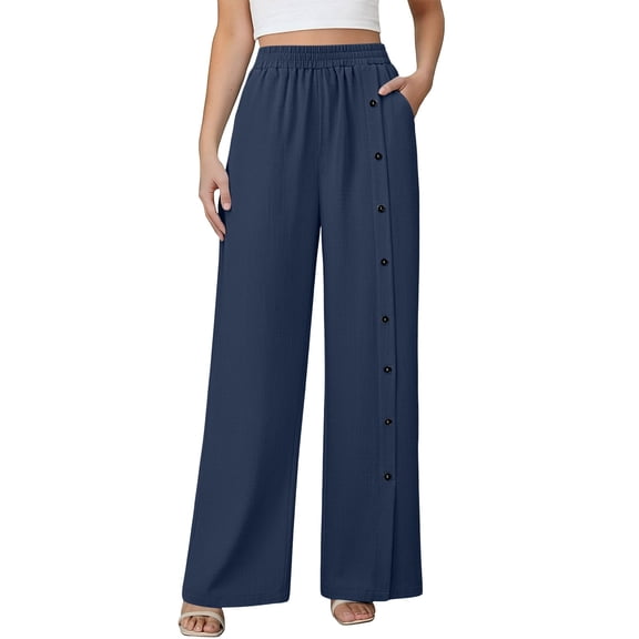 Pants for Women Wide-leg Button Pocket Solid Color Loose Casual Trousers Navy XXL
