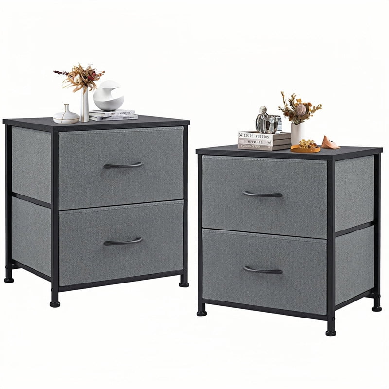 Kelno 2PCS Nightstand 2-Drawer Fabric Storage Dresser Small Bedside Table Wood Top, Gray