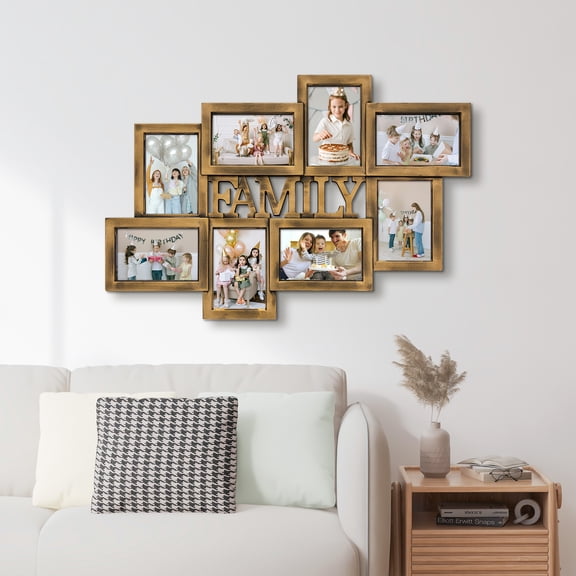 Holaura Family 8 Opening Picture Frames Collage Wall Decor for 4x6 Pictures Black Gold
