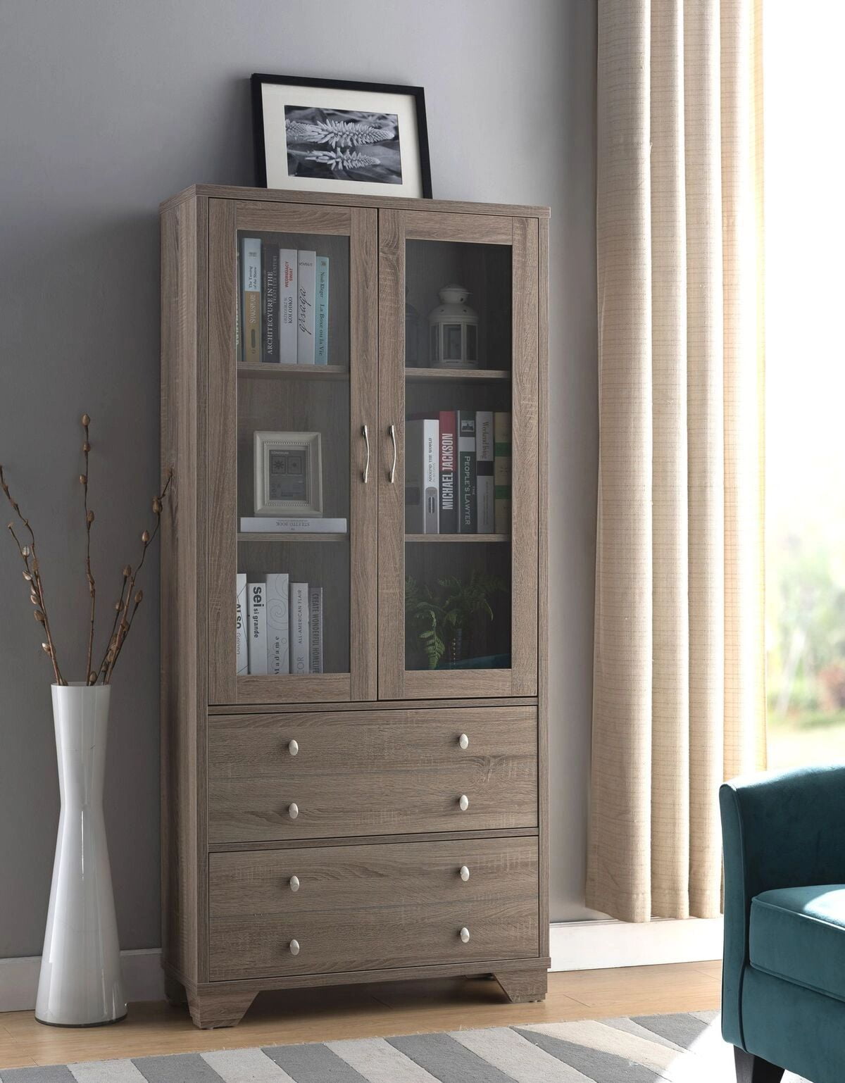FC Design Bookcase with Glass Doors and Two Drawers in Dark Taupe Finish