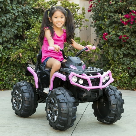 Four Wheeler Battery - Best Choice Products 12V Kids Battery Powered Electric Rugged 4-Wheeler ATV Quad Ride-On Car Vehicle Toy w/ 3.7mph Max Speed, Reverse Function, Treaded Tires, LED Headlights, AUX Jack, Radio - Pink