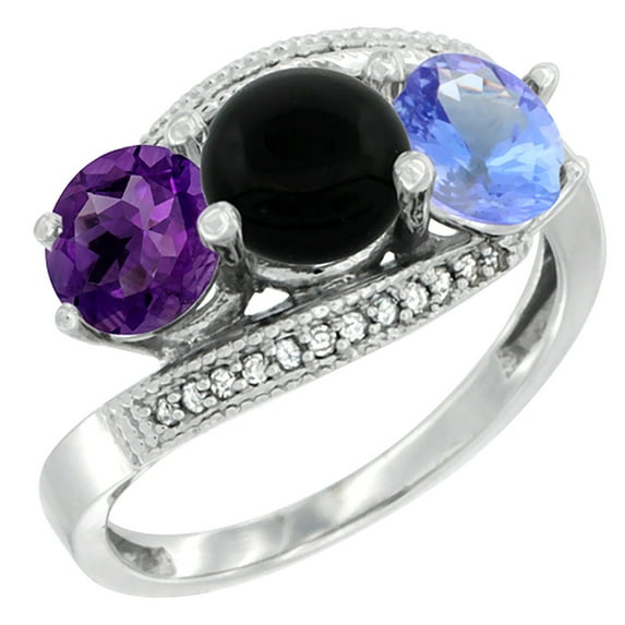 14K White Gold Natural Amethyst, Black Onyx & Tanzanite 3 stone Ring Round 6mm Diamond Accent, size 7.5