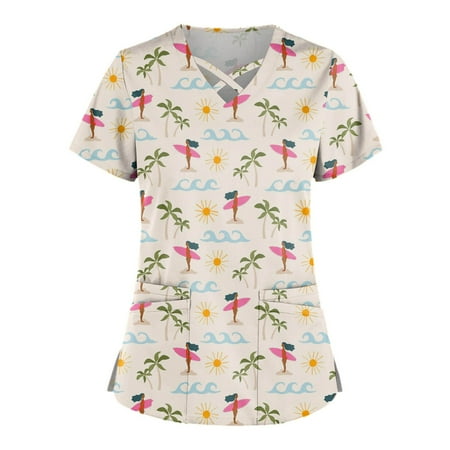 

KSCYKKKD Womens Shirts Plus Size Cute Printed Scrub Working Uniform Tops For Women Cross V-Neck Short Sleeve Fun T-Shirts Workwear Tee with Double Pockets Yellow XL