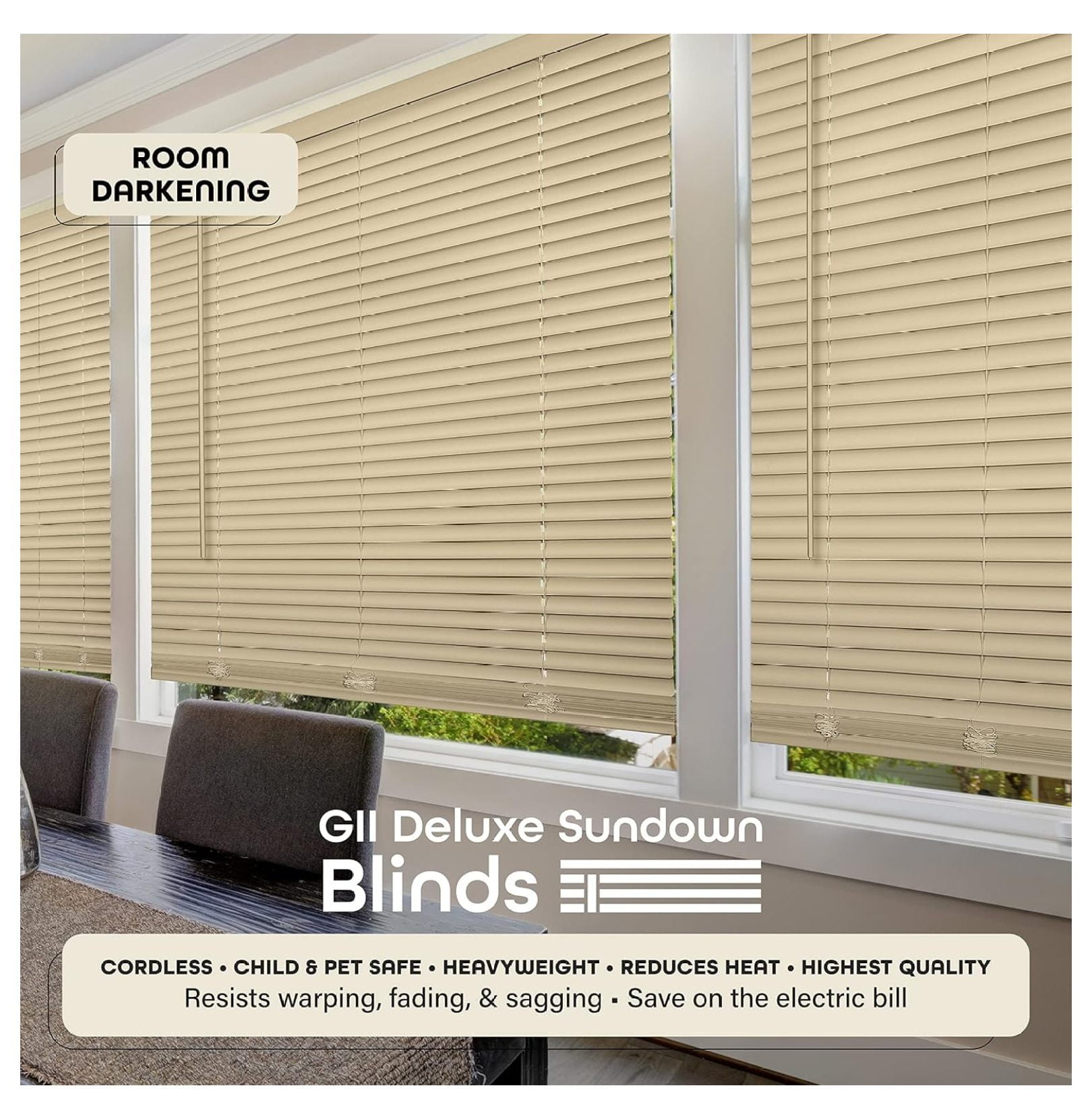 Cordless Room Darkening Mini Blind - 35 Inch Width, 64 Inch Length, 1" Slat Size - Latte - Cordless GII Deluxe Sundown Horizontal Windows Blinds for Interior by Achim Home Decor