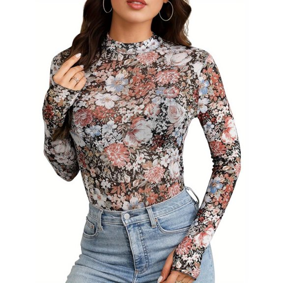Mesh Lace Long Sleeve Tops Mock Neck Floral Going Out Tops for Women Trendy Outfits Fitted  Date Night Outfits
