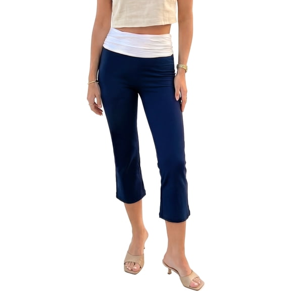 Jess by Meiko Leggings Capri Athleisure Décontractés Extensibles à Taille Contrastante pour Femmes Bleu Marine et Blanc TG