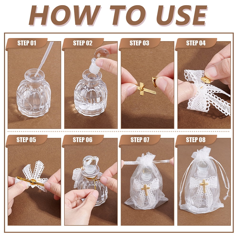 14 Sets Holy Bottle Baptism Favors with Rosary and Lace 50ml Empty Glass Holy Container Portable Empty Glass Travel Bottles