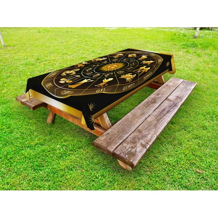 

Astrology Outdoor Tablecloth Wheel Zodiac Astrological Signs in Circle with Sun Moon Image in Circle Decorative Washable Fabric Picnic Tablecloth 58 X 104 Inches Dark Army Green Gold by Ambesonne