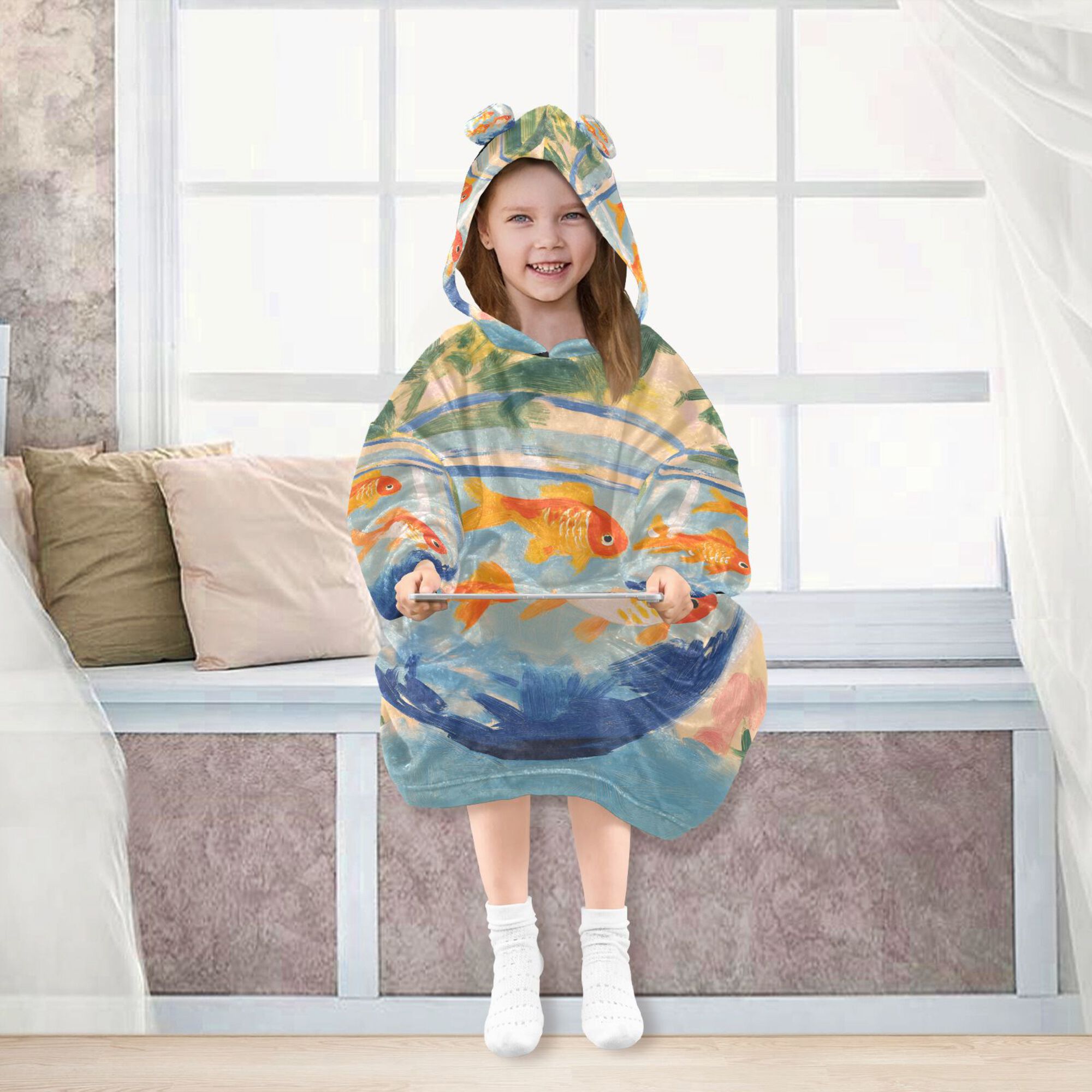 FORMRS Wearable Blanket Hoodie with Sleeves for Kids Cozy Flannel Sweatshirt, Blue Goldfish Bowl