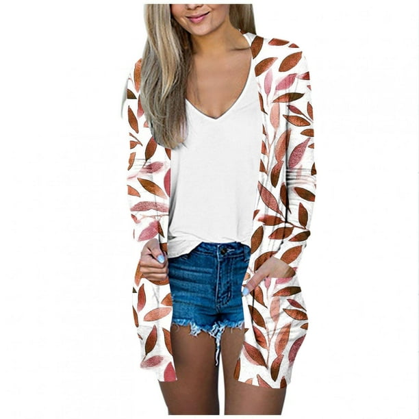 Mujeres de Manga Larga Tops de Impresión Casual Blusa de Bolsillo Cardigan Algodón Poliéster, Moda Señoras Top para el Uso Diario Y Casual de Primavera