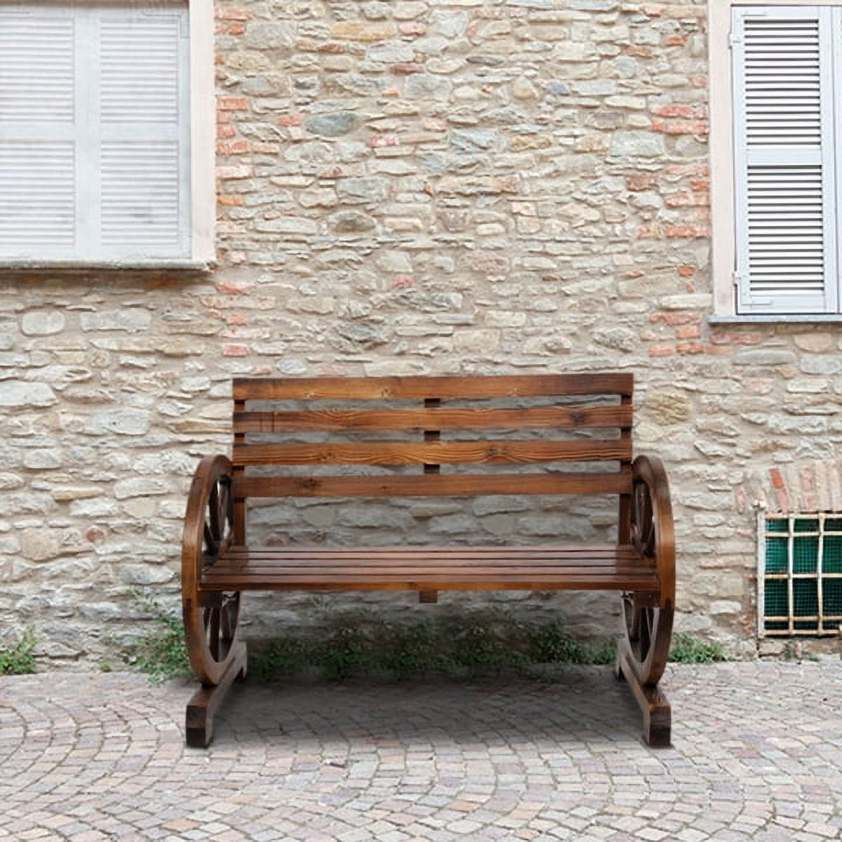 Rustic 2-Person Wooden Wagon Wheel Bench with Slatted Seat and Backrest for Patio Garden, Brown
