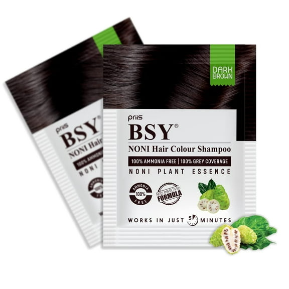 BSY Noni Dark Brown Hair Color Shampoo (20mlx6 Sachets), Ammonia Free Hair Color Shampoo for men, Natural Dark Brown Permanent Hair Dye Shampoo for women, Noni Fruit Hair Dye, 5 Minutes HairColour