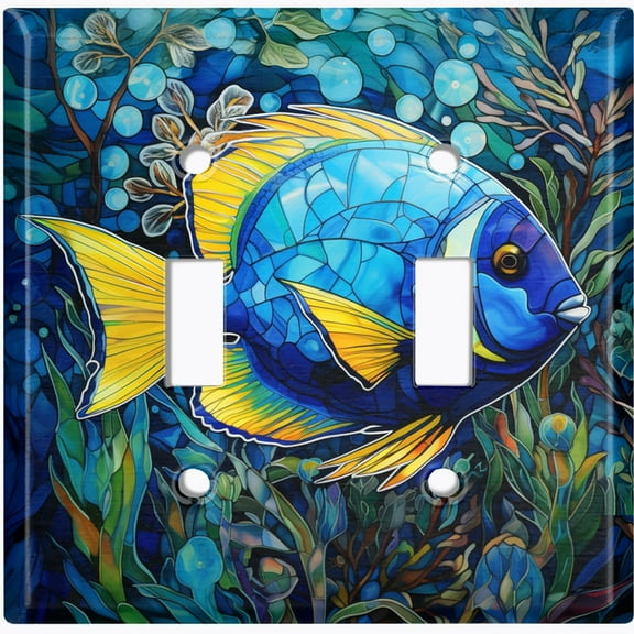 Metal Light Switch Wall Plate Outlet Cover (Printed Image of Stained Glass Fish - Double Toggle)