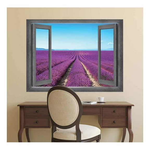 wall26 - Open Window Creative Wall Decor - Peering Out into a Field of Purple - Wall Mural, Removable Sticker, Home Decor - 36x48 inches