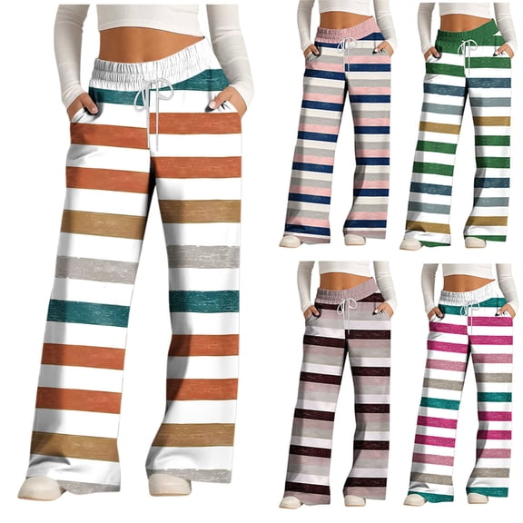 FRSASU Womens Casual Pants Straight Wide Leg Striped Drawstring Elastic High Waisred Loose Comfy Lounge Fashion Trouses with Pockets Pink