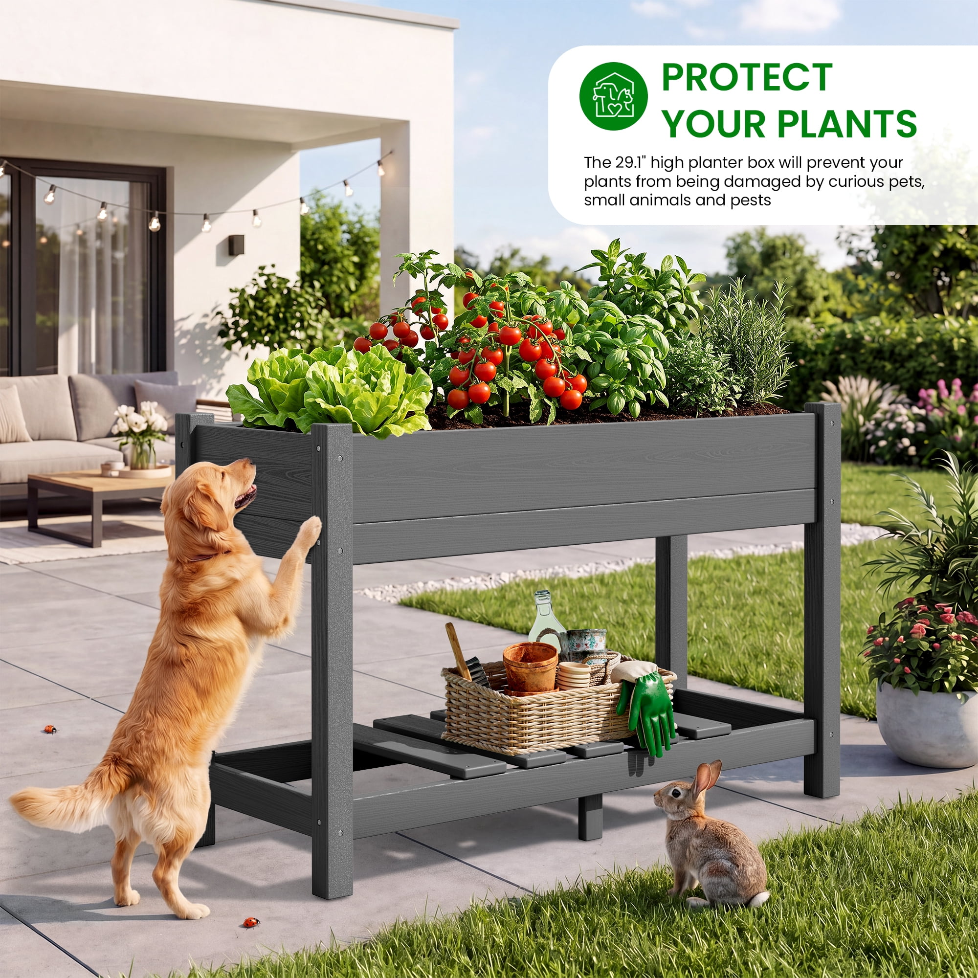SERWALL HDPE Raised Garden Bed with Legs, 43"x16"x30" Elevated Planter Box, Outdoor Planter for Vegetables Flowers, Gray