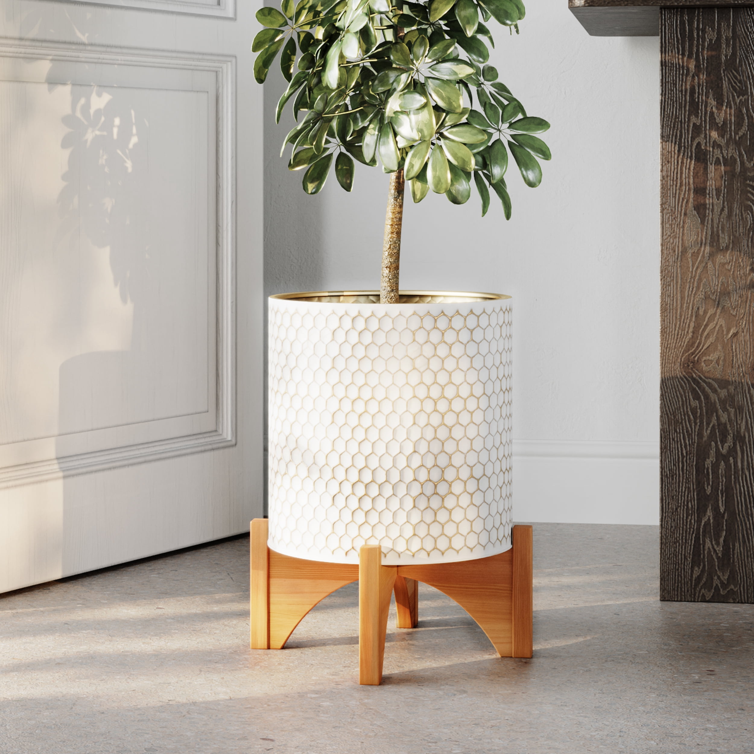 Aspire Home Accents 18" x 14" Round Gold/White Metal Honeycomb Plant Pot with Wooden Base