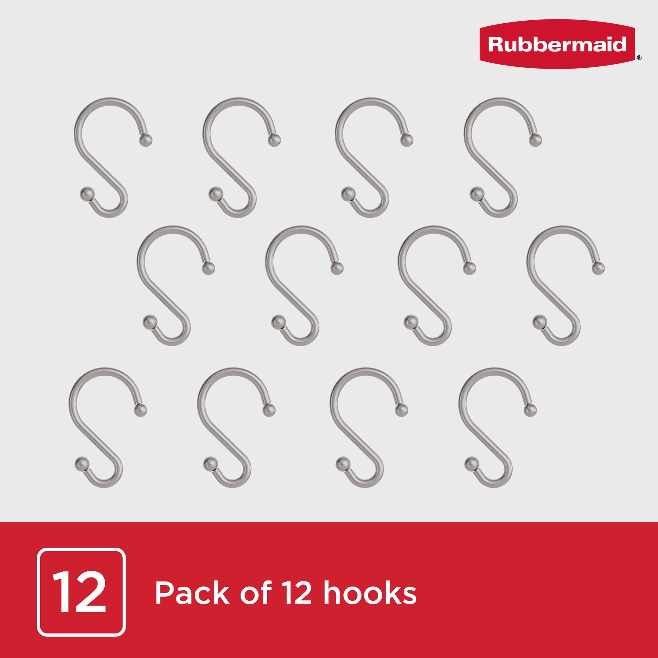 Rubbermaid Rustproof Stainless Steel S-Shaped Shower Hooks, Brushed Nickel, Set of 12