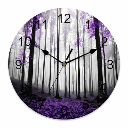 Wall Clock Autumn Maple Forest Clocks PVC Silent Non-Ticking Battery Operated Decorative Purple Misty Forest Trees Round Clock for Home Living Room Kitchen Bedroom Office School Wall Decor 14 Inch